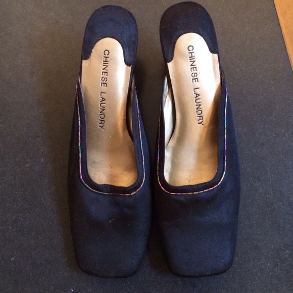 Chinese Laundry black satin kitten heel mules
