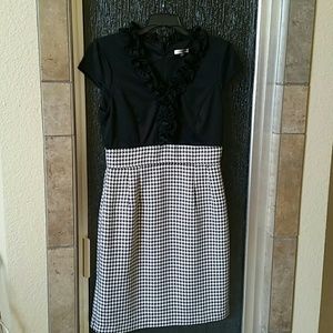 Sandra Darren Black Ruffle Hounds Tooth Dress