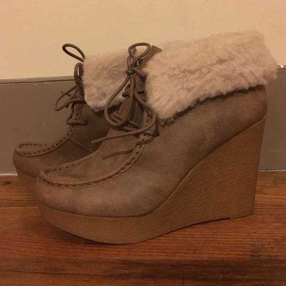 Wedge Booties w/ Fur Trim
