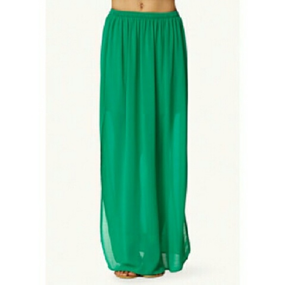 Forever 21 Green Side Slit Chiffon Maxi Skirt