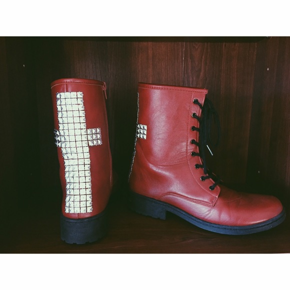 Studded Cross Crimson Red Boots