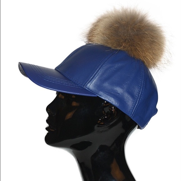 Blue Leather Fur Pom Cap