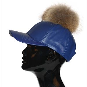 Blue Leather Fur Pom Cap