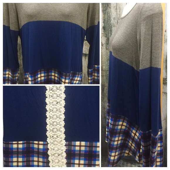 COLOR BLOCK TOP WITH PLAID AND LACE DETAIL - Picture 2 of 4