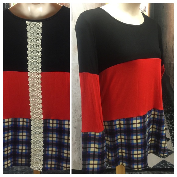 COLOR BLOCK TOP WITH PLAID AND LACE DETAIL - Picture 3 of 4
