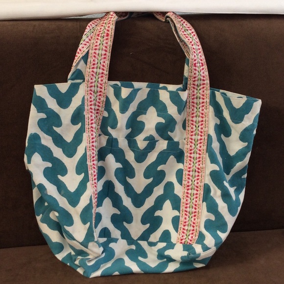 Roberta Roller Rabbit canvas tote cream teal 2