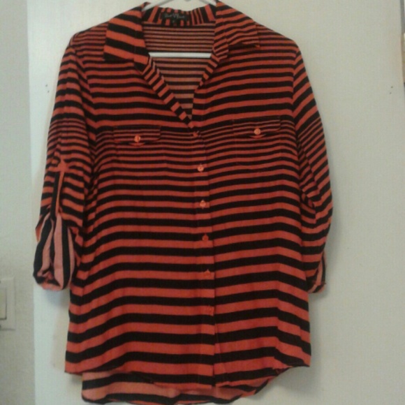 Striped Coral and Black Button - up Top - Picture 1 of 4
