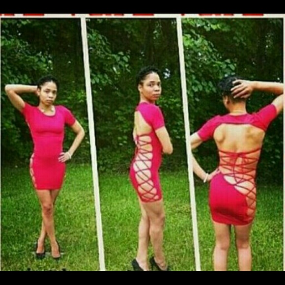 Red open back cross body dress