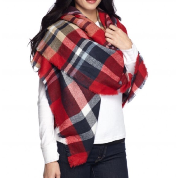 Red Blue Plaid Runway Wrap Blanket Scarf - Picture 2 of 4