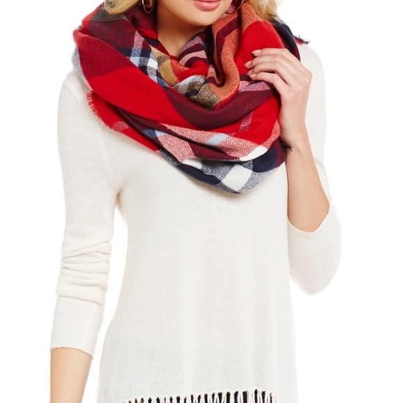 Red Blue Plaid Runway Wrap Blanket Scarf - Picture 3 of 4