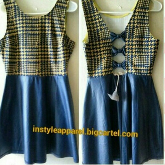 Navy faux leather printed bodice ribbon back dress