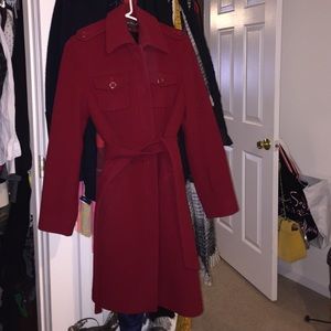 Red wool coat with tie waist