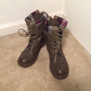 (Never Worn) Brown Combat Boots with Red Plaid