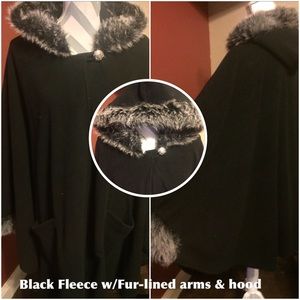 Black Fleece cape with fur lined hood and arms.
