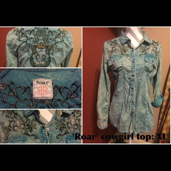 Roar cowgirl denim button down.
