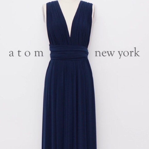 Navy blue floor length convertible dress.