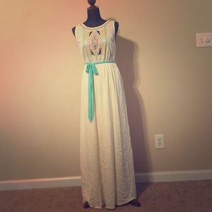 Aztec print long summer dress with cloth belt.