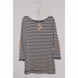 Cream and navy striped shirt with elbow patches