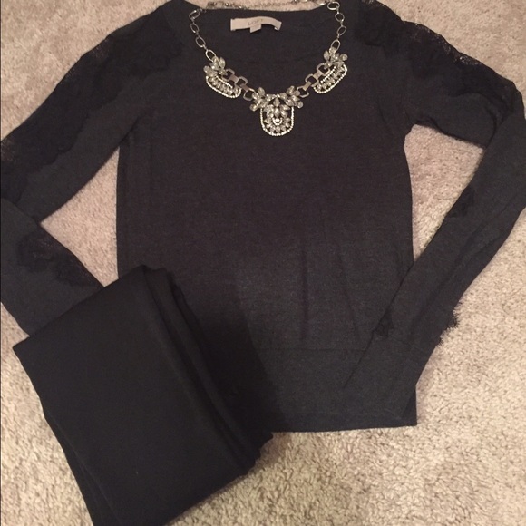 LOFT Sweaters - Adorable charcoal and black lace sleeve top