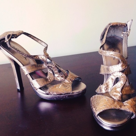 Metallic pewter funky heels