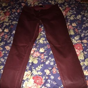 Maroon wax coated power stretch jeans