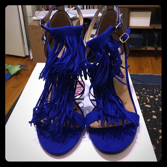 Royal Blue Fringe T-strap High-Heel Sandals