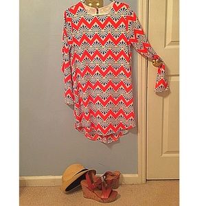 Red and Blue Print Long Sleeve Dress