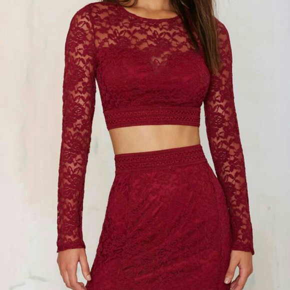 Red Lace Skirt and Crop Top