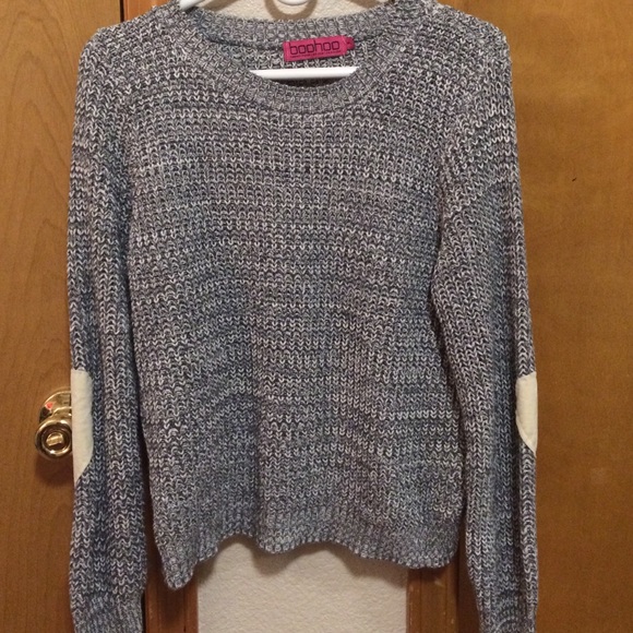 Gray/blue sweater with heart shaped elbow patches