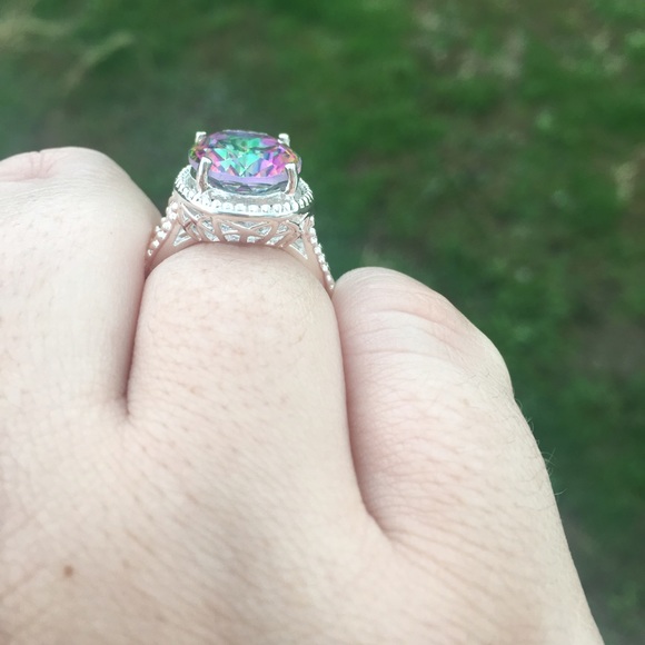 Huge mystic topaz CZ ring- Sterling Silver- Size 7 - Picture 2 of 3