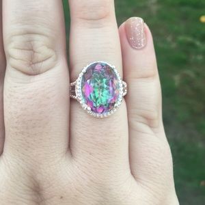 Huge mystic topaz CZ ring- Sterling Silver- Size 7