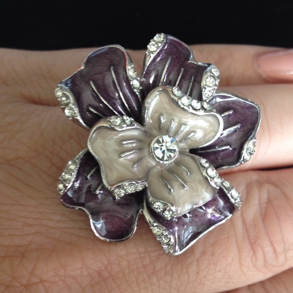 Silver tone purple, tan flower with clear stones - Picture 1 of 3