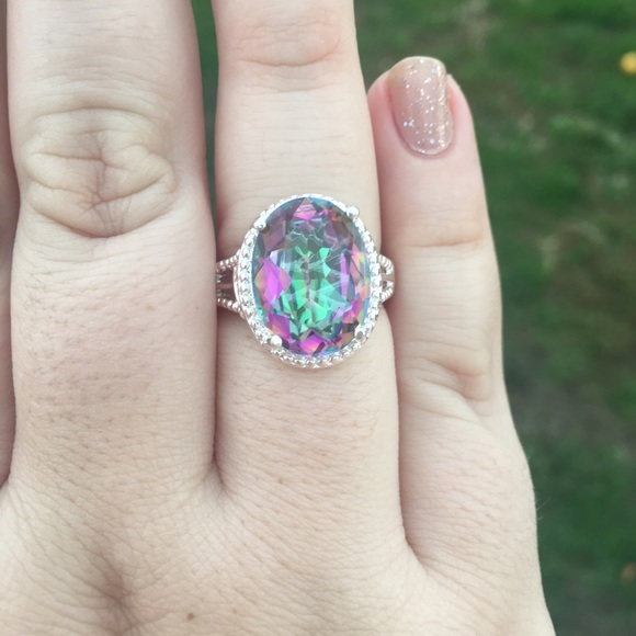 Huge Mystic Topaz CZ Ring- Sterling Silver- Size 8 - Picture 1 of 3