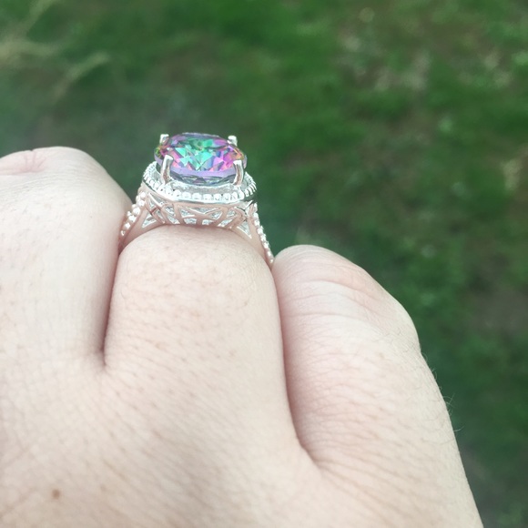 Huge Mystic Topaz CZ Ring- Sterling Silver- Size 8 - Picture 2 of 3