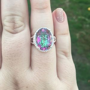 Huge Mystic Topaz CZ Ring- Sterling Silver- Size 8