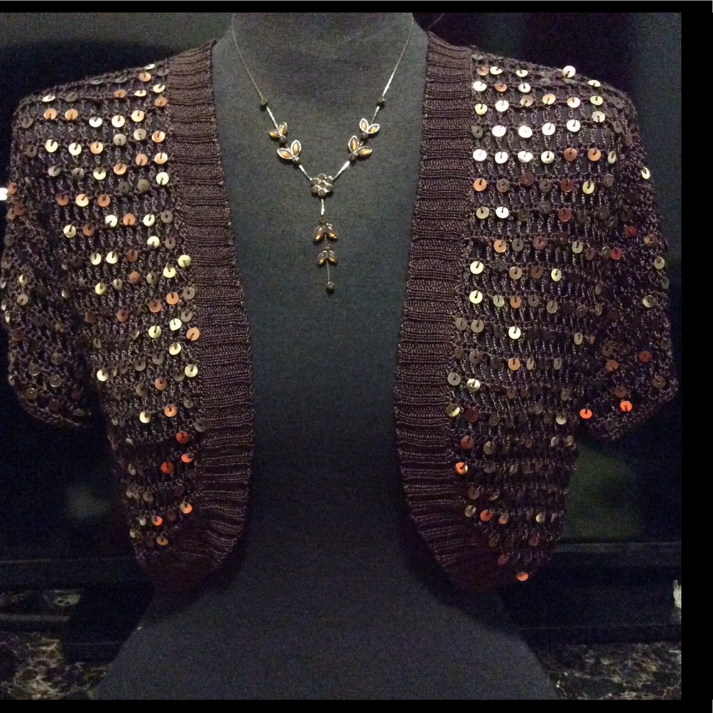 Elegant brown sequined crocheted jacket
