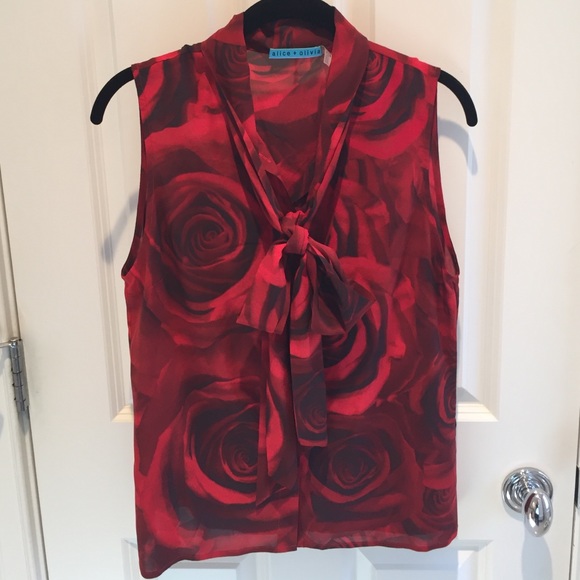 Alice + Olivia Tula Roseprint Tie Neck Blouse