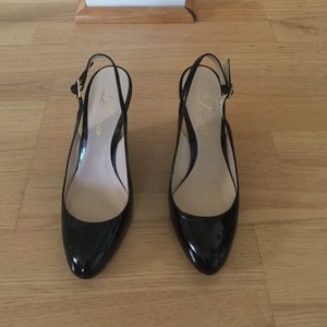 Delman Patent leather wedge sling back
