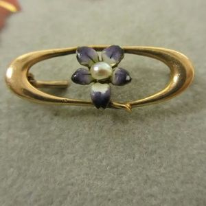 Antique 10k Gold Forget Me Not Flower Pearl Brooch