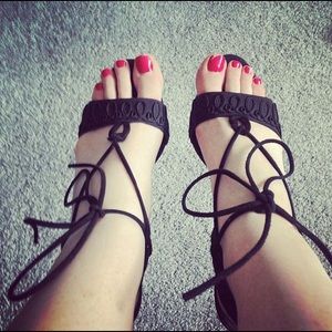 Manolo Blahnik black lace up heels