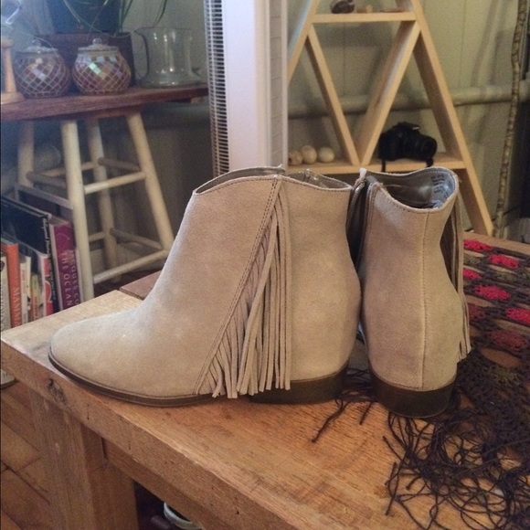 Genuine leather tan fringe booties
