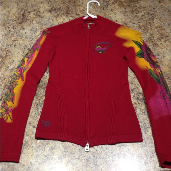 Ed Hardy Red Zip Up Sweater Size Small