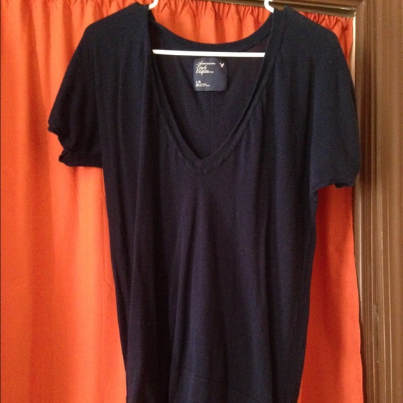 Navy v neck light sweater material shirt