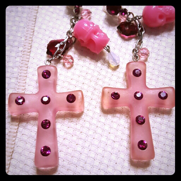 Light pink cross and skull earrings