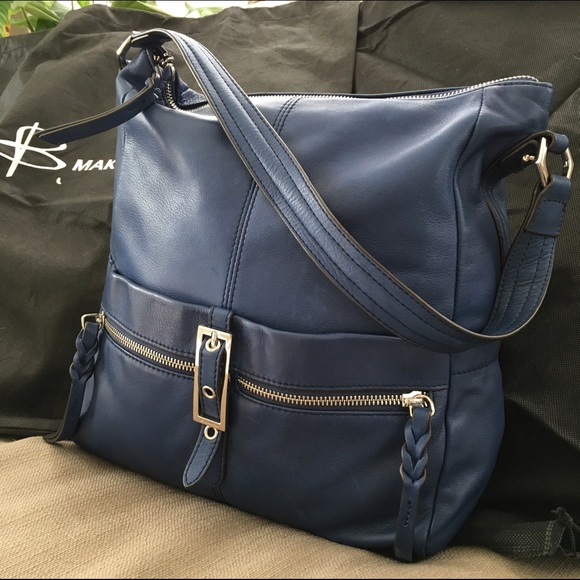 B Markowsky Blue Leather N/S Zip Top Purse
