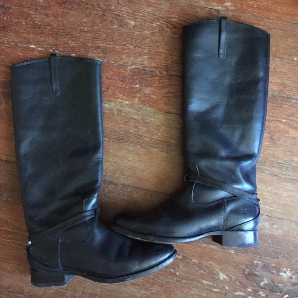 Frye Lindsay Plate Black Leather Riding Boots Sz 7