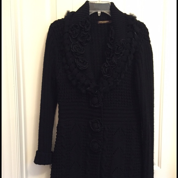 Fancy black long sweater with large flower buttons