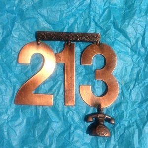 Copper Tone 213 Area Code Broach with Phone Accent