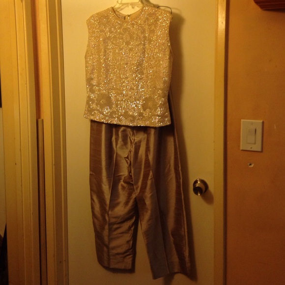 Vintage sequin top and satin crop pants set used