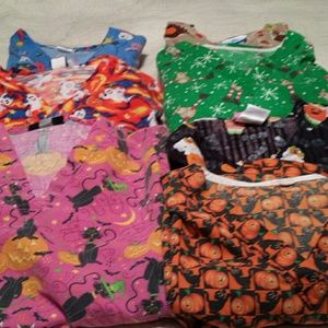 Holiday themed scrub tops.
